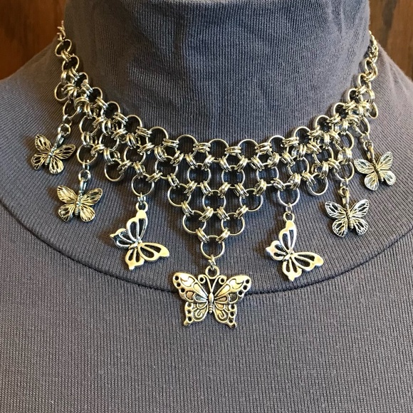 "Gothic Flutter" Handmade Goth Silver Butterflies Chainmail Choker Necklace Punk - Picture 6 of 16